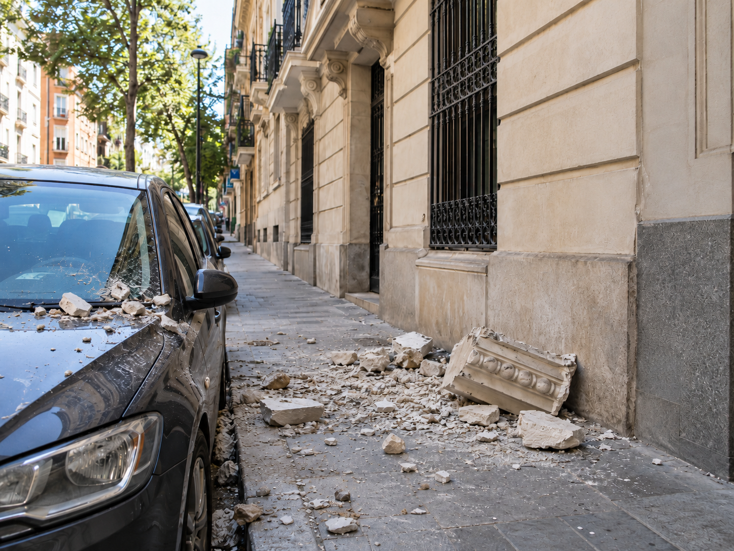 Detalle de grieta en el frente de forjado de una fachada antes de su reparación