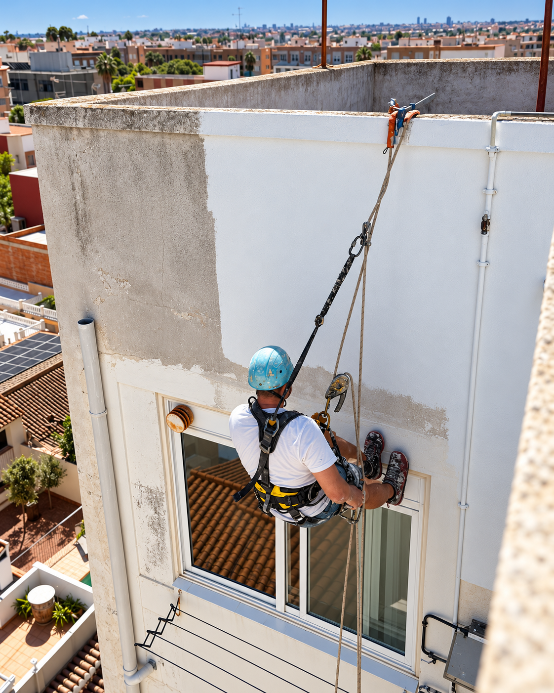 Técnico de trabajos verticales reparando el remate de un edificio junto a terrazas y cubiertas de viviendas