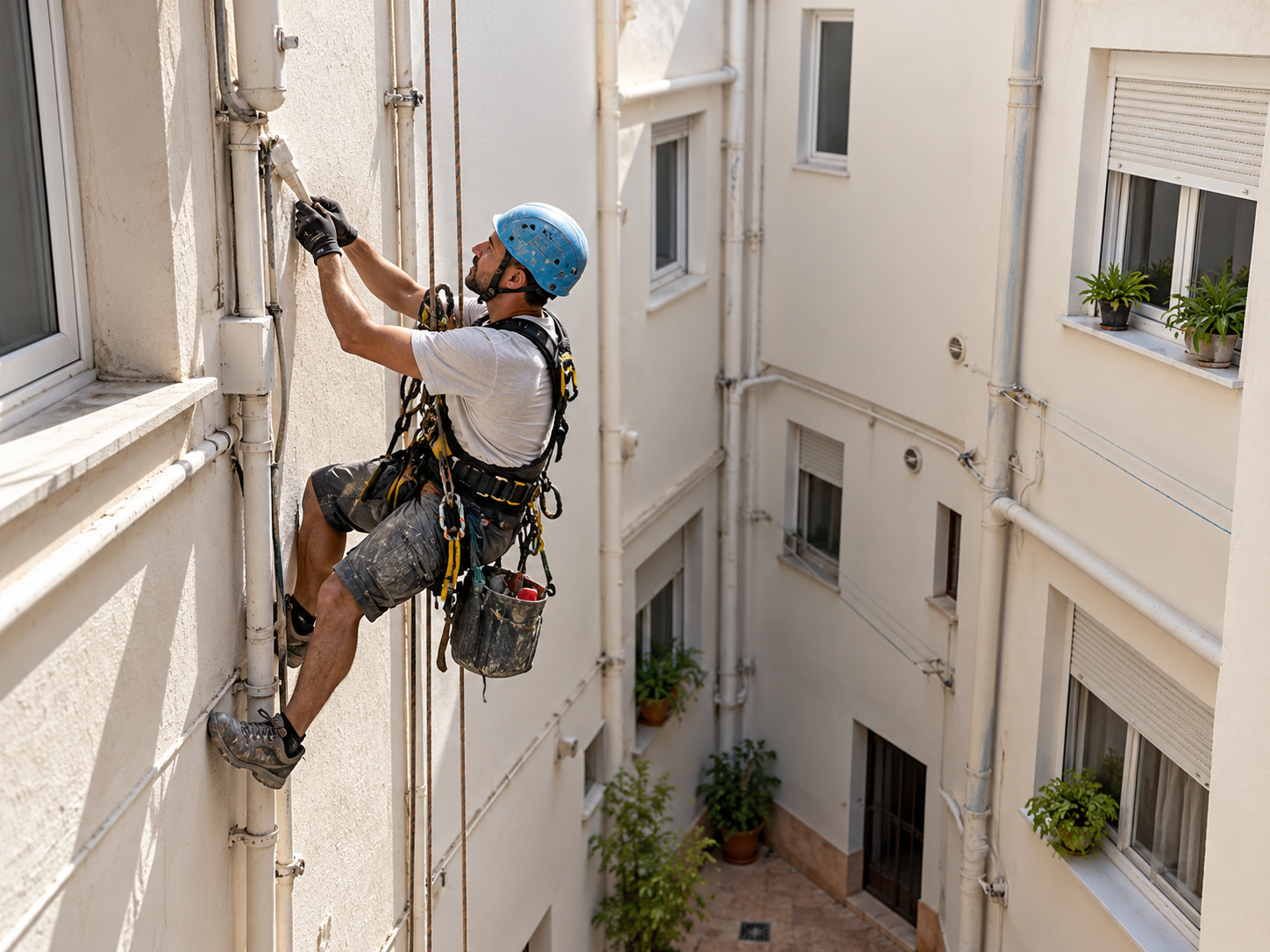 Técnico de Verticalia realizando trabajos de albañilería en altura en Valencia