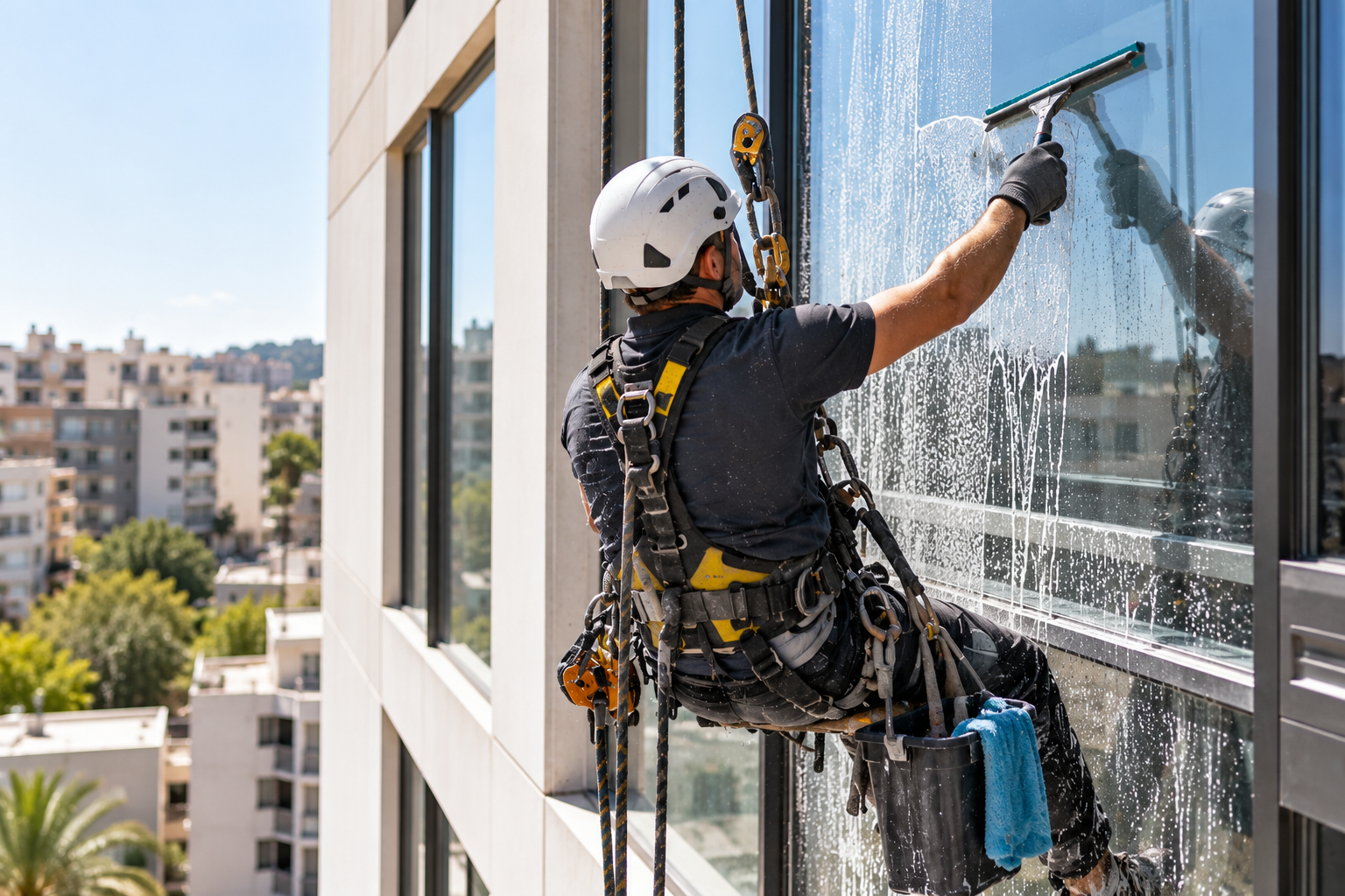 Limpieza de cristales en altura mediante descuelgue vertical en Valencia
