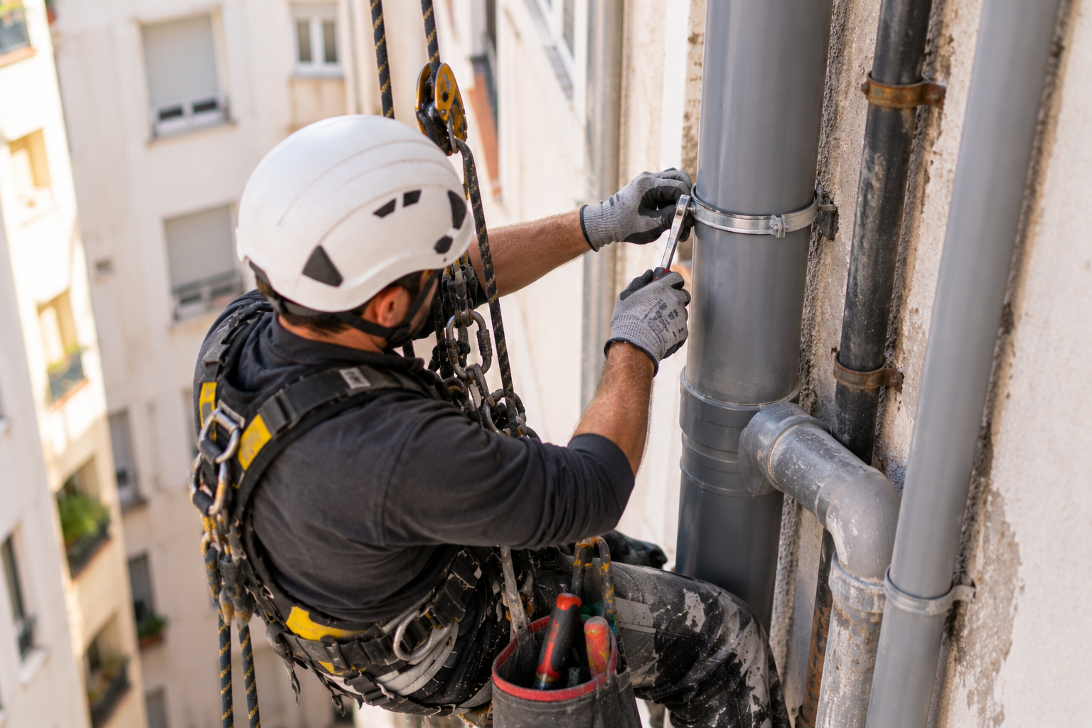 Reparación de una tubería exterior en un patio mediante trabajos verticales