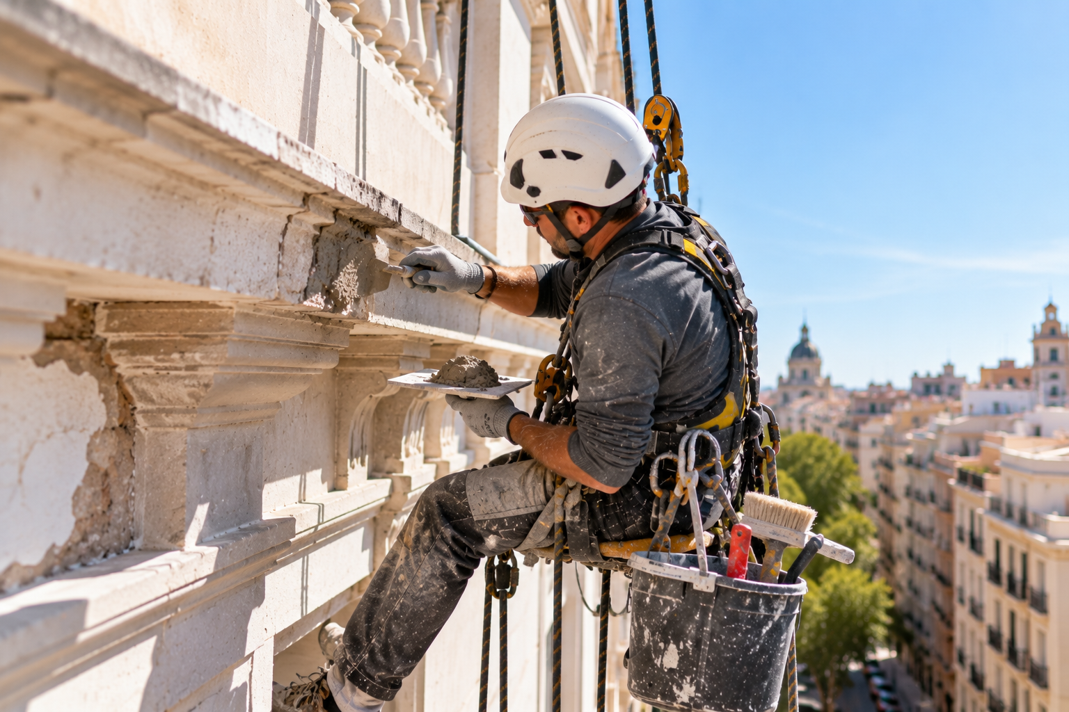 Reparación de albañilería en una cornisa mediante descuelgue vertical
