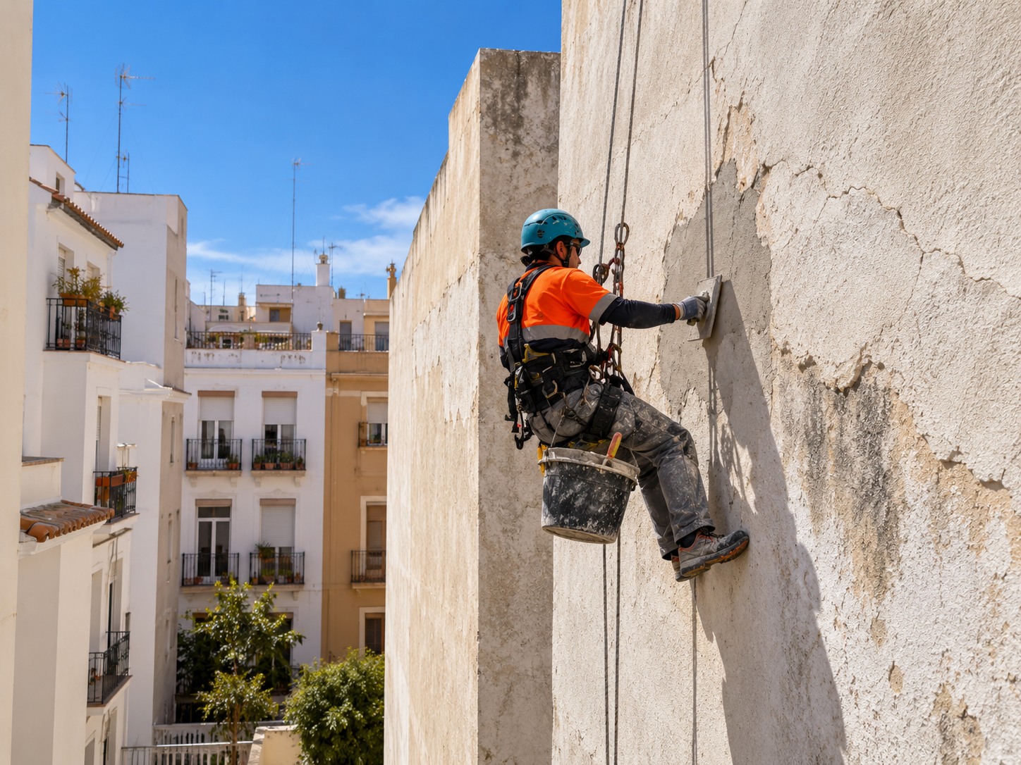 Técnico de Verticalia realizando trabajos de albañilería en altura en Valencia
