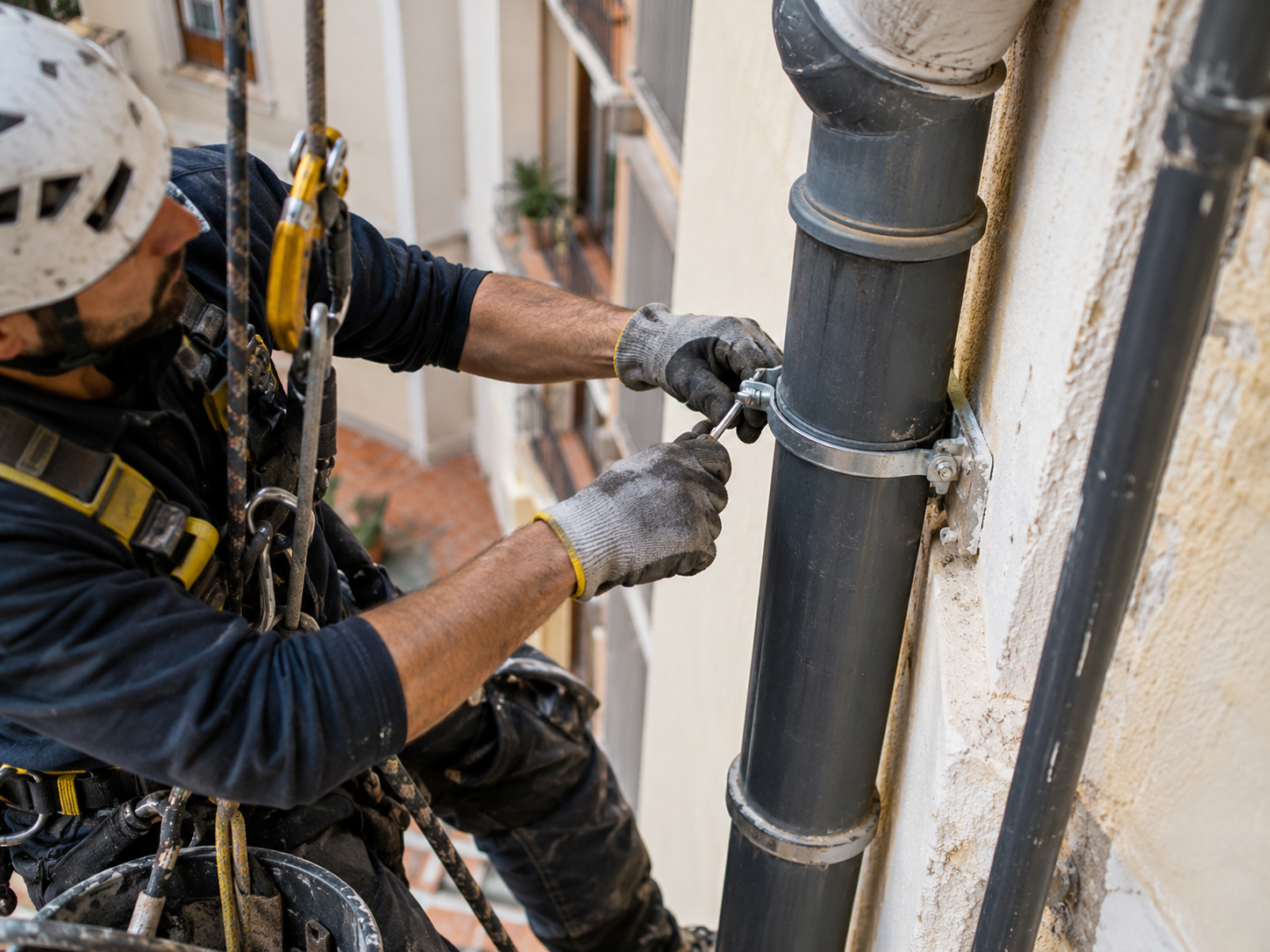 Sustitución de bajante mediante descuelgue vertical en un patio de Valencia