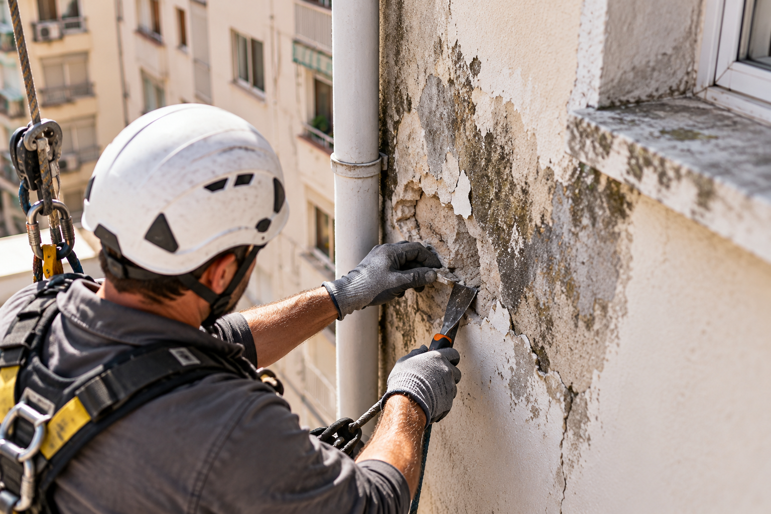 Técnico de trabajos verticales saneando una pared con manchas de humedad y revestimiento deteriorado